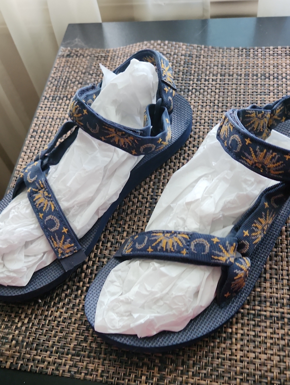 Teva Navy Sandals with Gold Sun & Moon Pattern